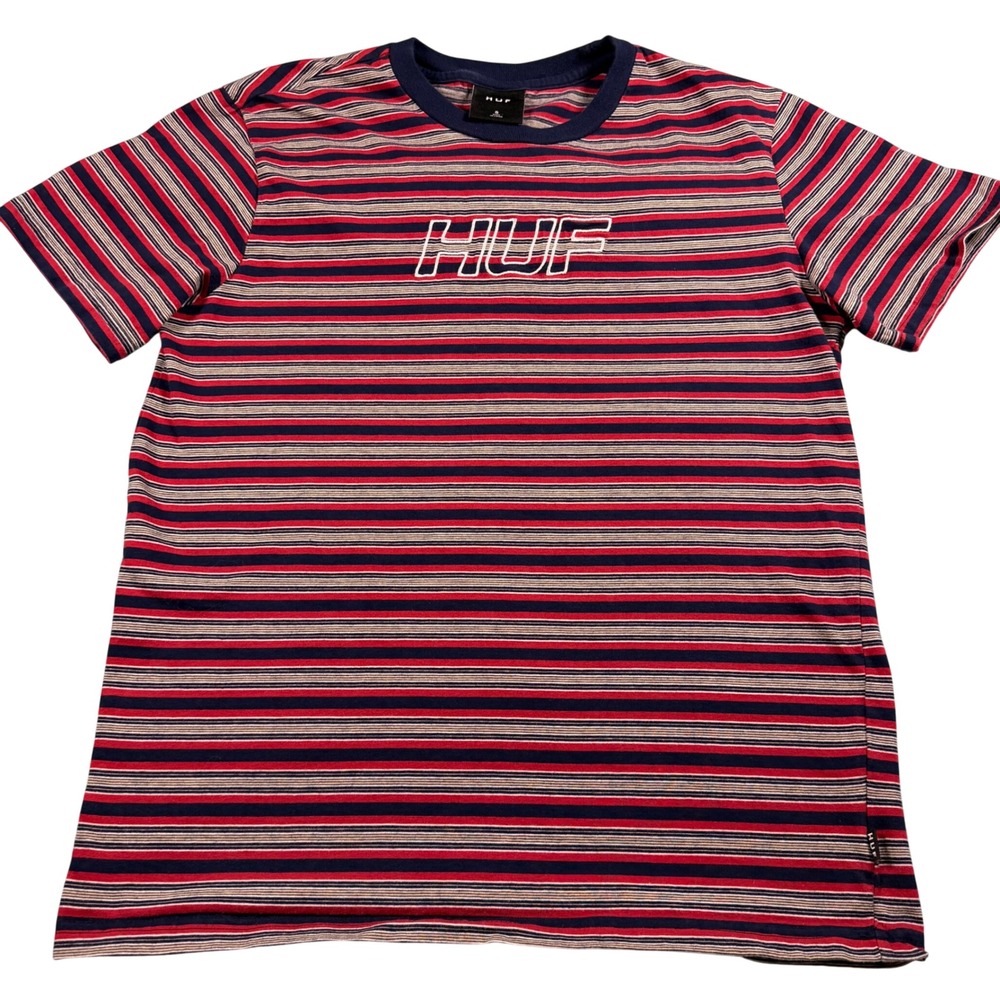 HUF Mens‎ Small Striped Short Sleeve T-Shirt Navy Red White Embroidered Logo